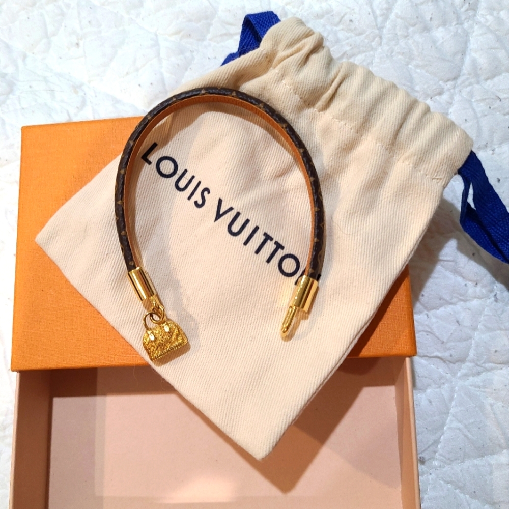 Louis Vuitton Brown Monogram Leather Bracelet with Gold Heart Charm